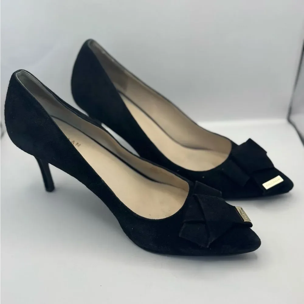 Cole Haan Signature Women’s Size 8 Ina Bow Pumps Black‎ Suede Pointed Toe